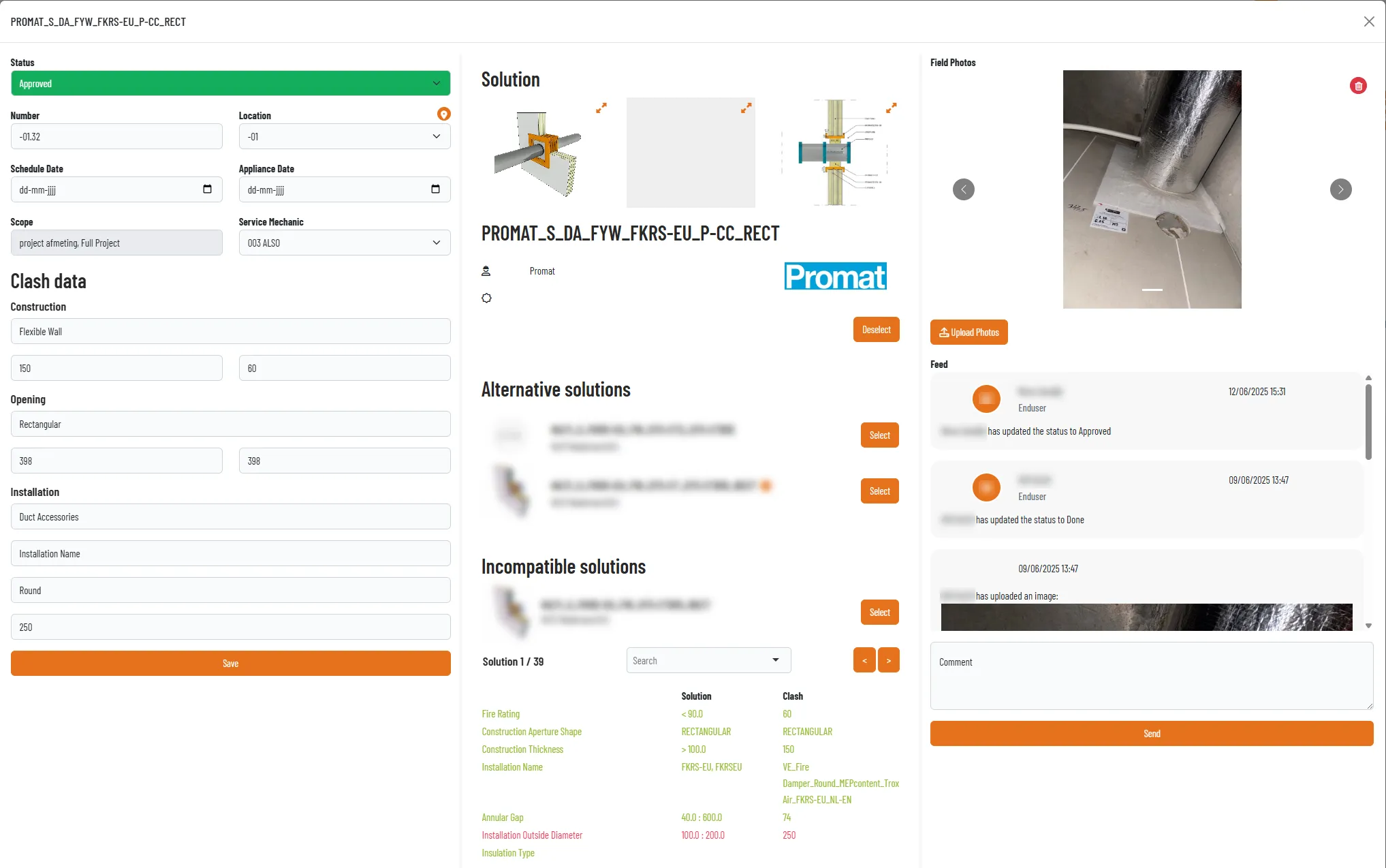 A firestop clash in Orange Button Office with the selected Promat solution and field photos