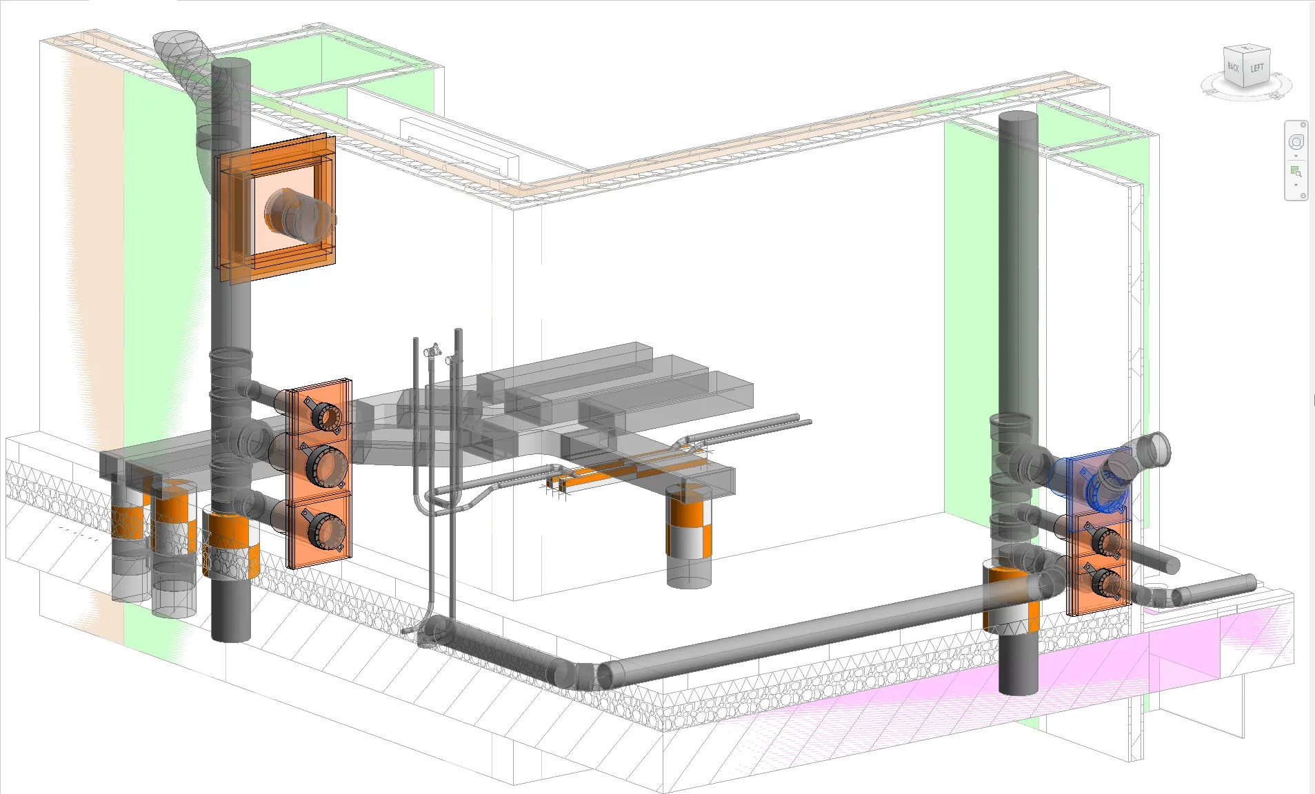 Firestop seals placed on pipes and ducts in a Revit 3D view
