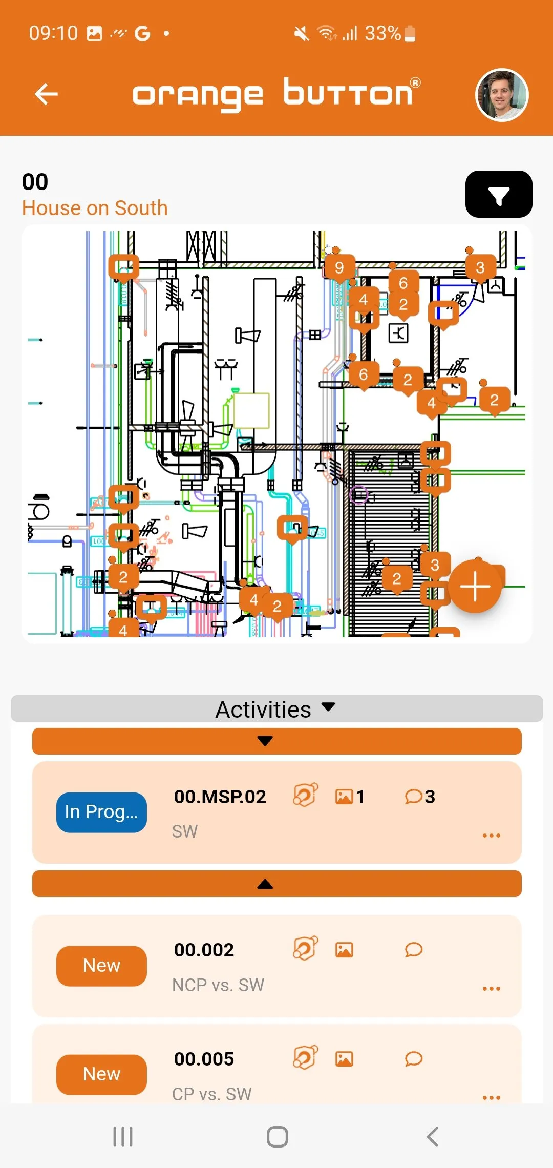 The Orange Button Field app showing a floor plan with numbered firestop locations